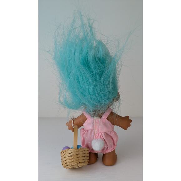 VTG Russ Easter Bunny Troll Doll 4" Girl Blue Hair Easter Egg Basket Pink Romper - Picture 3 of 6